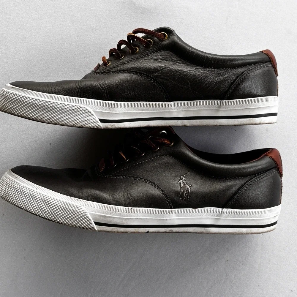 Polo Ralph Lauren Vaughn 9D Leather Sneakers Black Brown‎ Lace Up Shoes